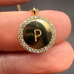 925 Sterling Silver Gold Vermeil Initial P Necklace CZ Halo Round Disc Pendant